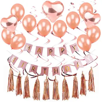 

Rose Gold Birthday Decorations Set for Girls Happy Birthday Banner Latex Balloons Foil Spiral Swirls Party Suppiles Decor