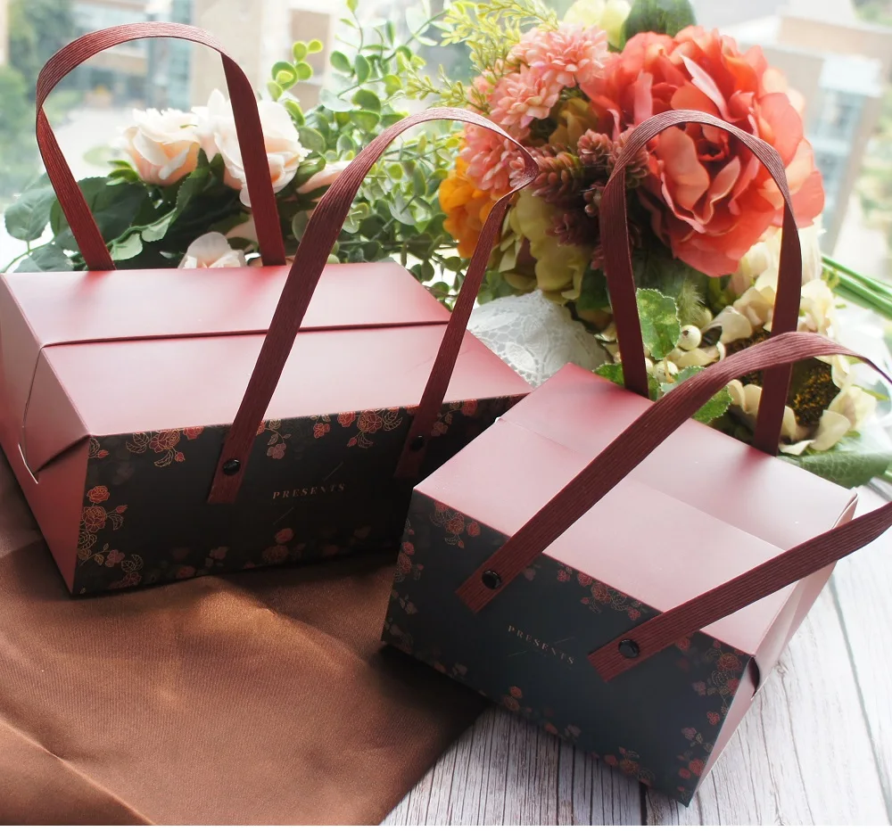 2 Size 5pcs Wine Flower Black Style Paper Box with Handle Roll Cake Candy Cookie Chocolate Gift Packaging Wedding Use