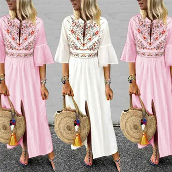 

Women Maxi Dress Summer Short Sleeve Casual Boho Kaftan Tunic Plus Size Dresses Vintage Sexy V-neck Boho Vacation Dresses