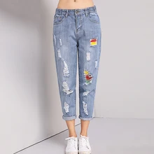 Дружественные джинсы, Большой размер, тянущаяся Талия, женские, длина по щиколотку, потертые, рваные джинсы, штаны-шаровары, женские, осень, лето, рваные, Новинка