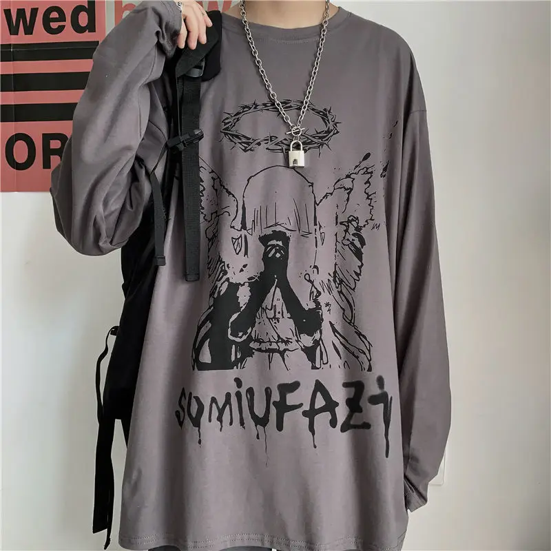 QWEEK Harajuku Gothic Angle Print T-shirt Women's 2021 Streetwear Long Sleeve Black Tops Alt Clothes Pastel Mall Goth Trendy