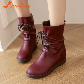

Karinluna Winter Short Plush Warm Ankle Boots Fashion Slip-On Pleated Round Toe Low Heels Increased Internal women shoes