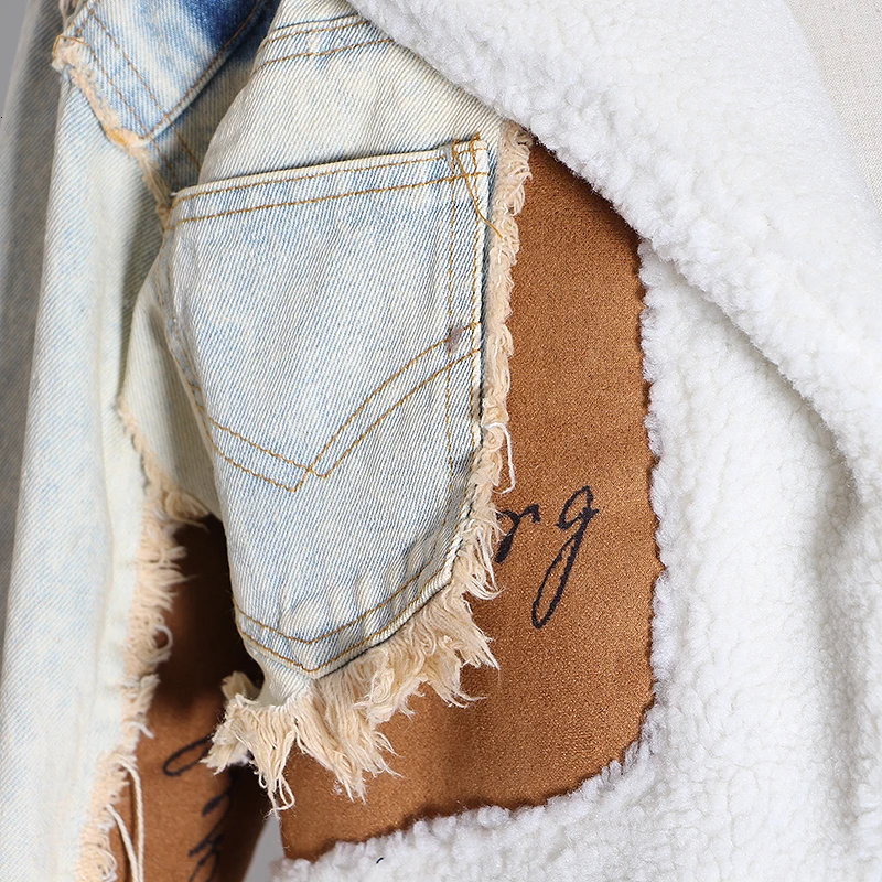 细节 (3).JPG TWOTWINSTYLE Patchwork Hit Color Denim Jacket Women Lapel Collar Long Sleeve Pocket Irregular Coats Female Fashion 2020 Clothing