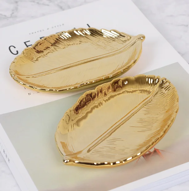

Decorative Gold Leaf Ceramic Plate Dish Porcelain Candy Trinket Dish Jewelry Fruit Serving Tray Storage Plate Crockery Tableware