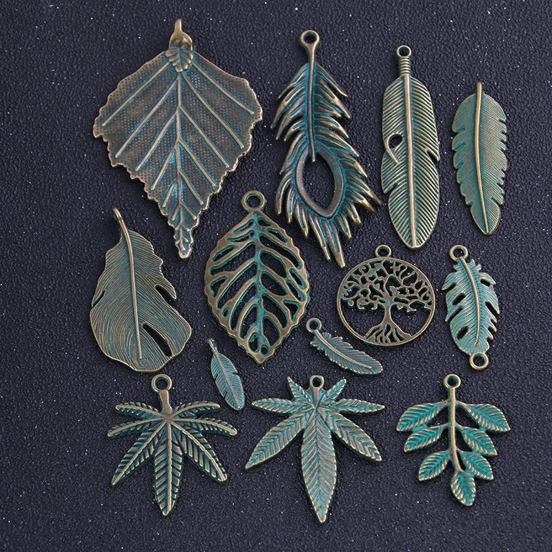 

13pcs Metal Mix Green Bronze Charms Classic DIY Handmade Decoration Leaf Feather Tree Shape Charms For Jewelry Making