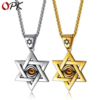 

OPK Vintage titanium steel six pointed star men's necklace trendy man personality devil's Eye Pendant man