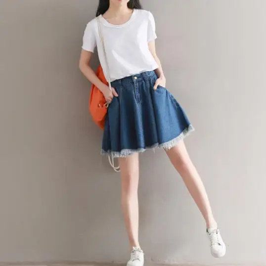 

Blue Short Denim Skater Skirts Shorts Women Summer 2019 Streetwear Pleated Jeans Skirt Female Loose Burr Saias AE123