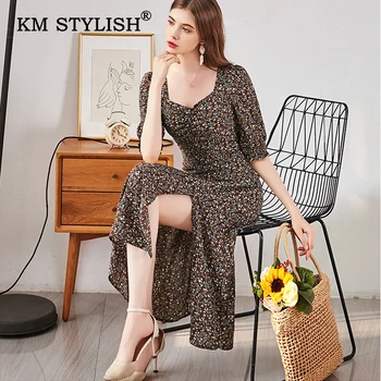 

Women Little Floral Casual Split Dress Slim Waist Elegant Puff-sleeve Fashion Dresses