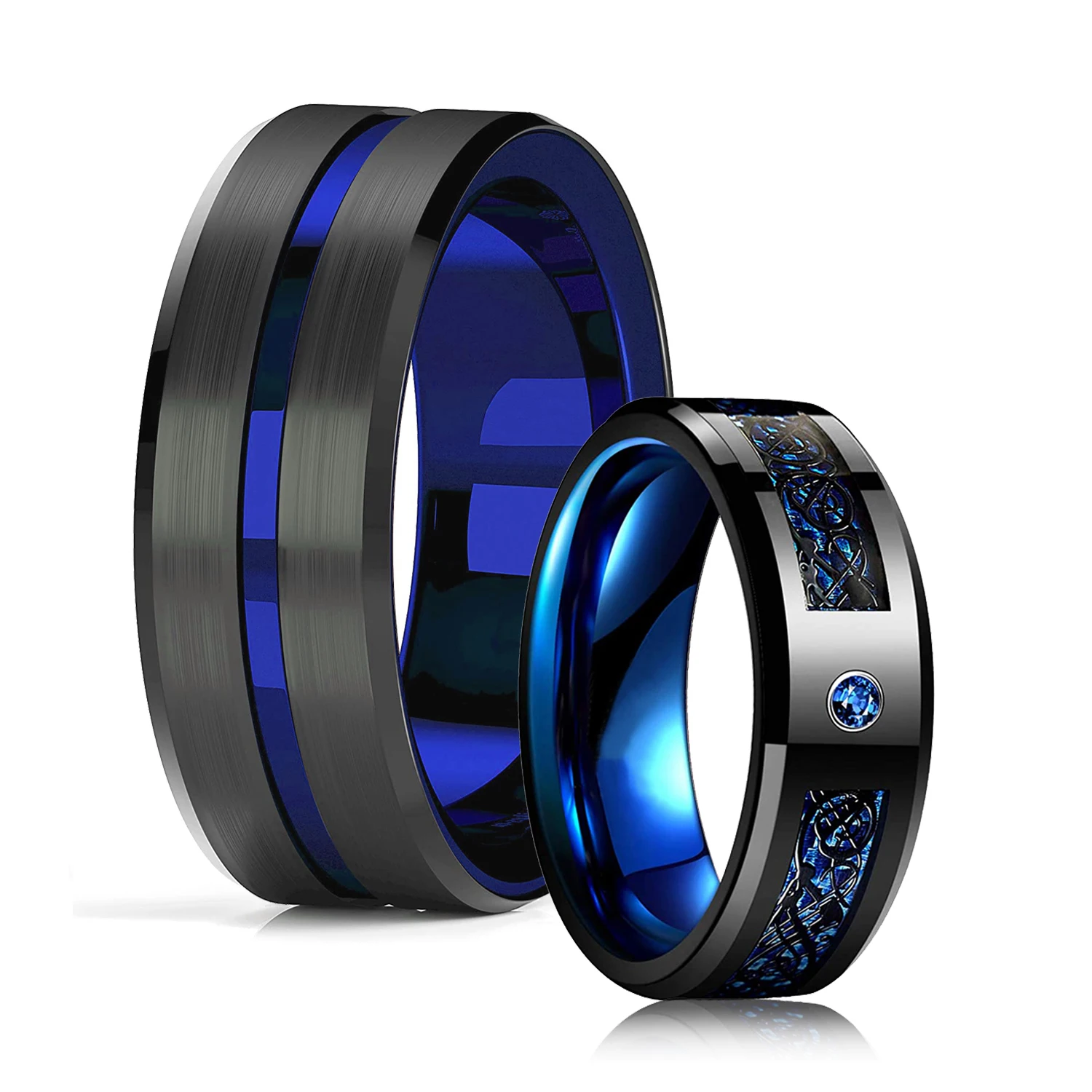 8mm Cobalt Ring Men Women Wedding Band Beveled Edge with Black Carbon Fiber Inla 