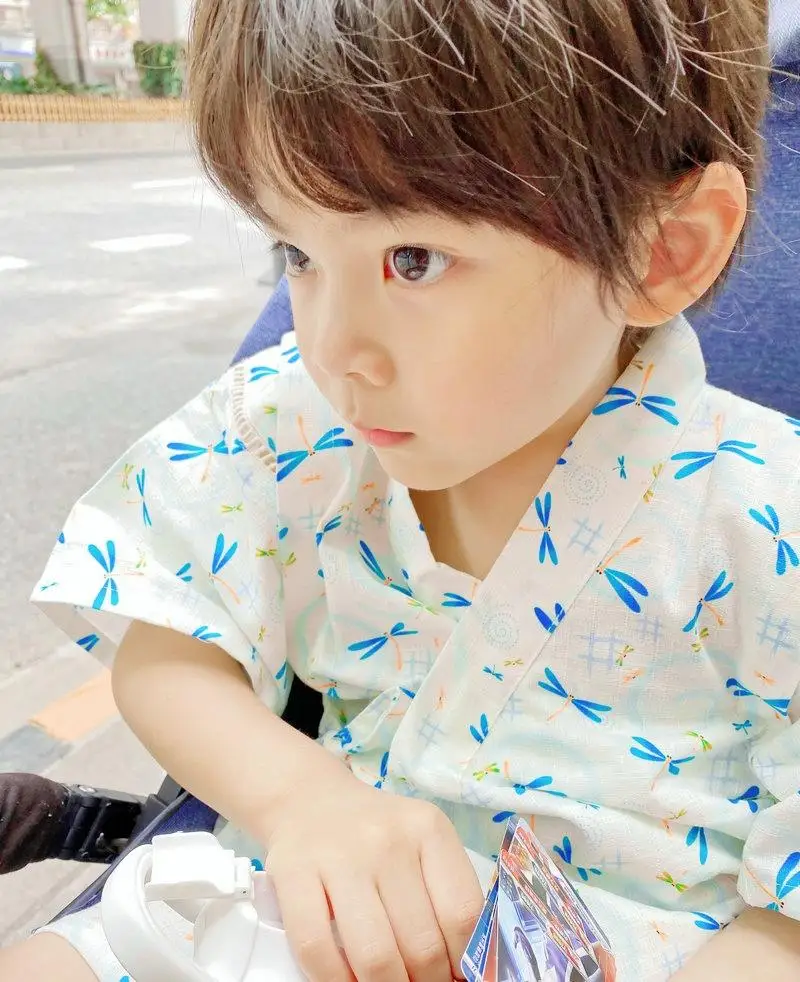Japanese Children's 100% Rippled Cotton Boy's Yukata Geometric Made in Japan 