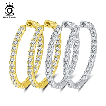 ORSA JEWELS 2019 Silver Color High Polished Hoop Earrings Paved with AAA Austrian Cubic Zirconia for Wedding Party Jewelry OE137