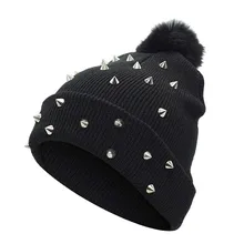 Женская и мужская зимняя Лыжная шапочка с помпоном шапка бини шапка-собачка כבsolid Solid однотонная вязаная шляпка с заклепками наушники зимняя Толстая теплая Кепка Лыжная шапка# H