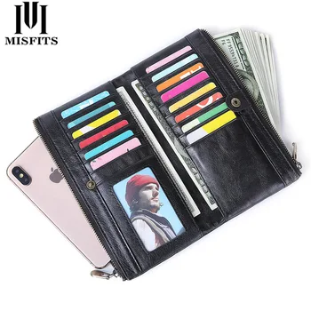

MISFITS New Genuine Leather Multifunctional Long Wallet Cow Zipper Money Clip Large Capacity Purse Card Holder Handmade