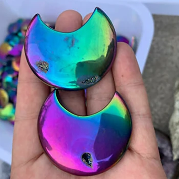 

2 Pcs Beautiful Titanium Rainbow Aura Agate Quartz Moon Skull Crystal Healing