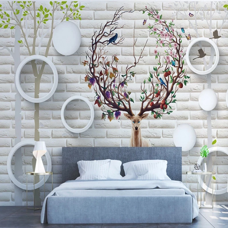 

Photo Wallpapers 3d Brick Lovely Elk Wall Mural Circle Tree Designer Wallpaper