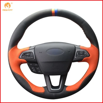 

MEWANT Black Leather Orange Leather Car Steering Wheel Cover for Ford Focus 3 2015-2018 Kuga 2016-2018 Escape 2016-2018 Parts