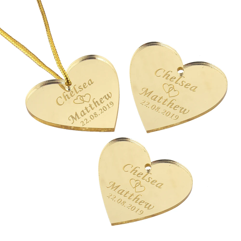 100PCS Personalized Engraved Mirror Gold Love Hearts Wedding Name Tags Baby Shower Decor Gift Baptism Favors 4CM | Дом и сад