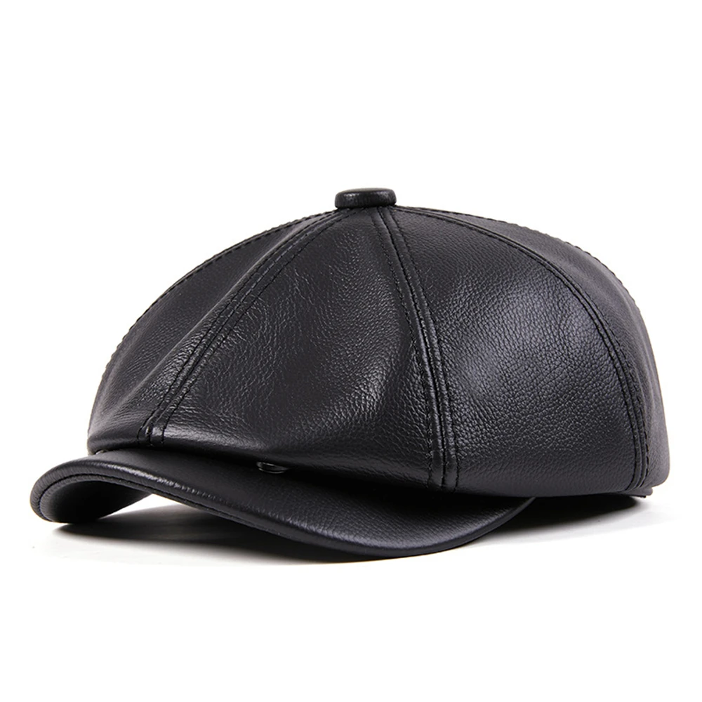 Hot Sale LA SPEZIA Genuine Leather Newsboy Men High Quality Octagonal Hat Autumn Winter Beret Real Cowskin Flat Cap_voghion.com