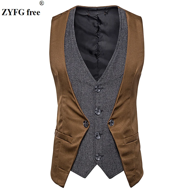 

EU size men fashion suit vest partchwork color corduroy vest Fake two pieces design autumn vest Single buckle Vest men