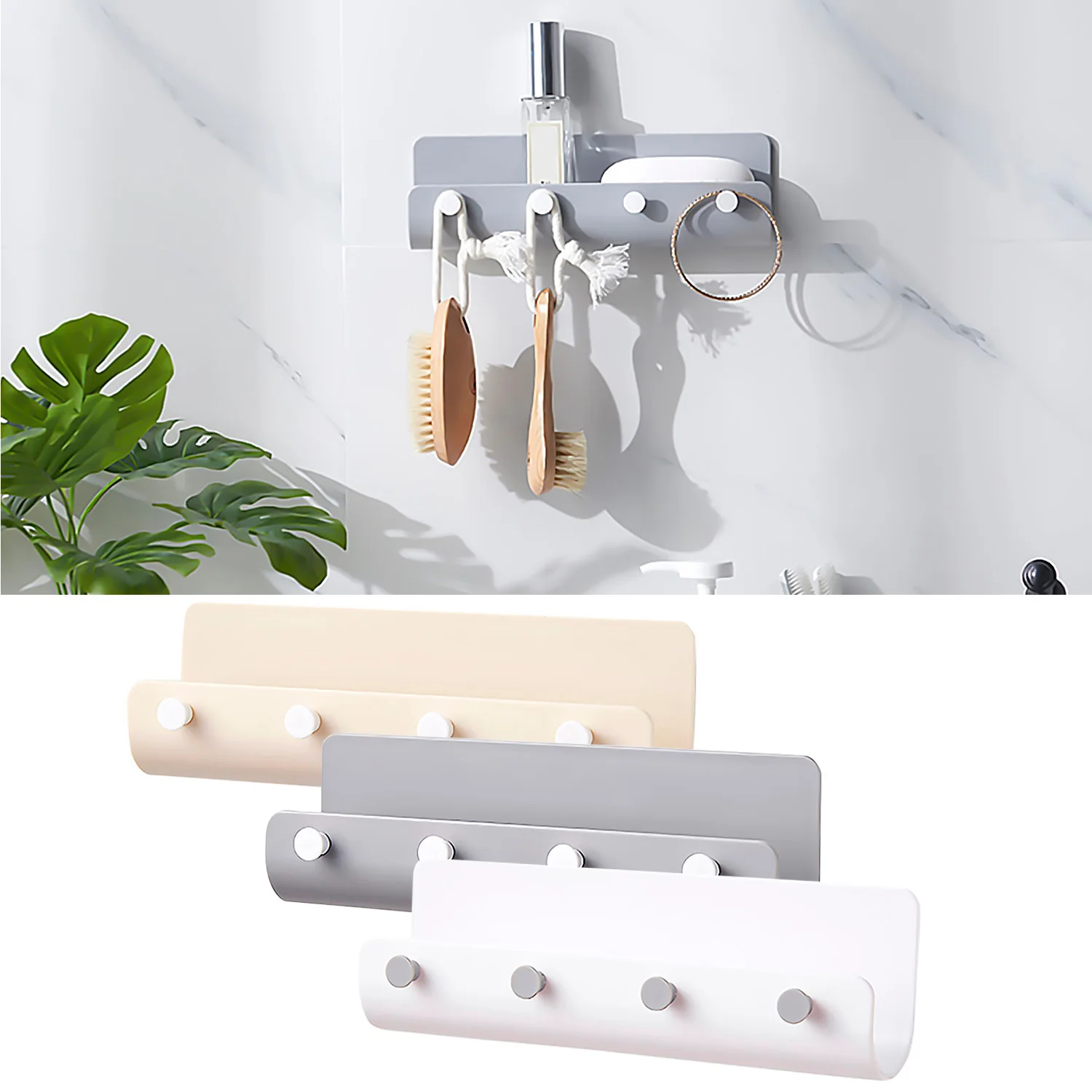 

4-Hook U-shape Wall Mount Self-Adhesive Keys Storage Rack Holder Hanger Organizer for Home Office Entryway Kitchen Living Room