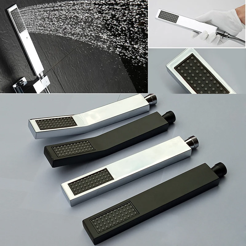 BAKALA All Brass Square Chrome Or Black Hand Held Shower Head With Brass Wall Connector Holder And 1.5m Stainless Steel Hose Shower Head Shower Set