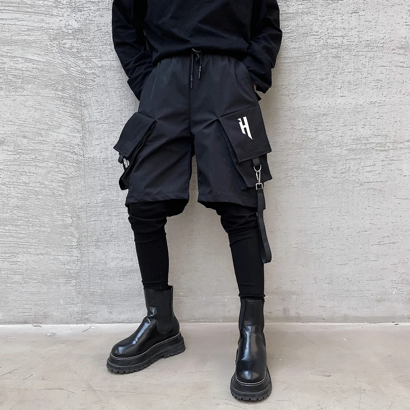 Fake Two Piece Hip Hop Cargo Pants Men‘s Embroidery Drawstring Joggers Ribbon Multi Pockets Techwear Harem Pants 4