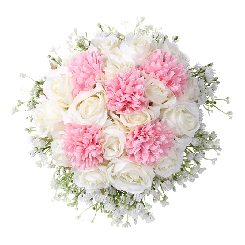 Aritificial Silk Handmade Flower Bouquet Pink White Flower Bridal Bouquet for Wedding Indoor Decoration Party Event Supplies