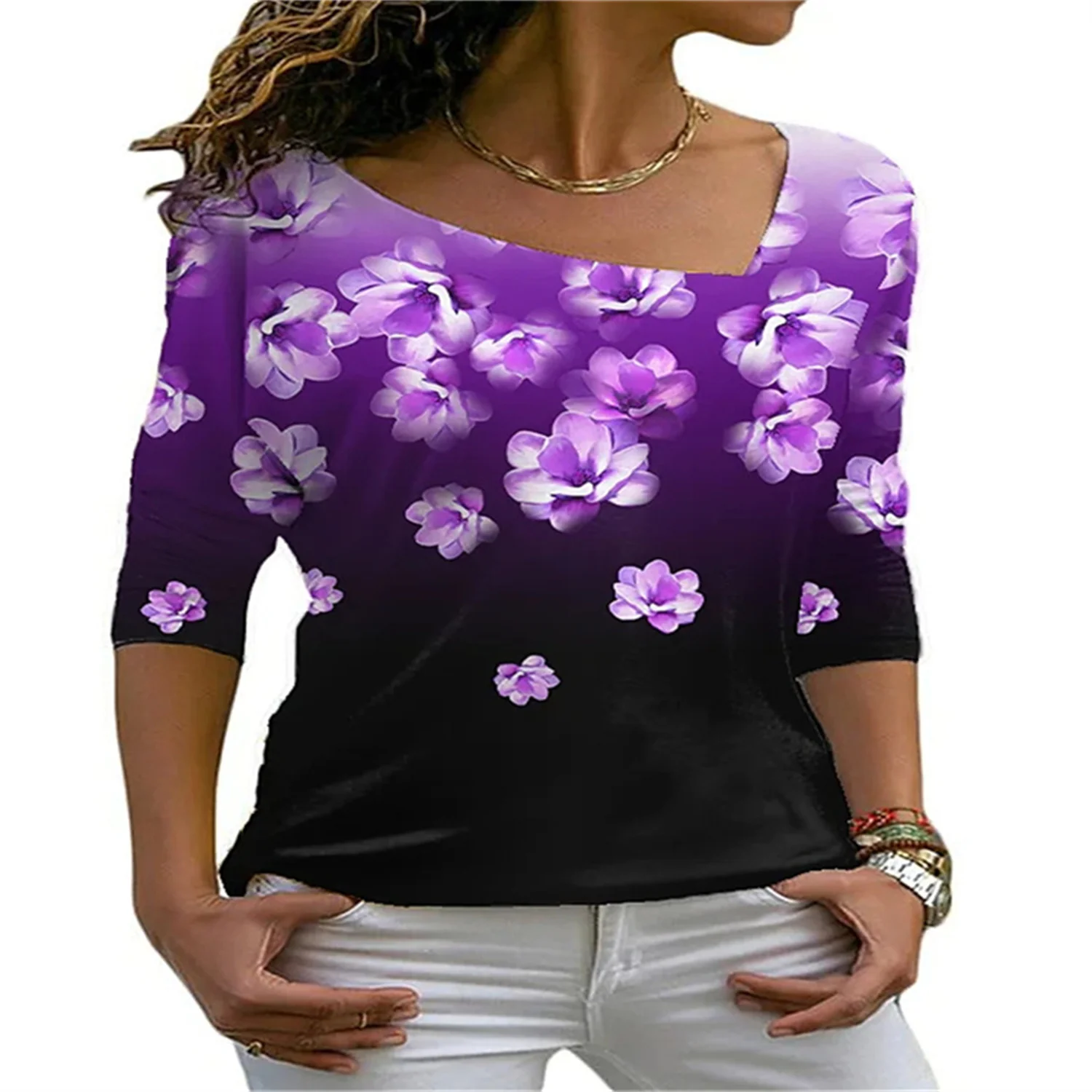 

Fashion Personality V-neck Slim Spring Autumn Women's Top Clothes Digital Printing Long-Sleeved Bottoming T-shirt