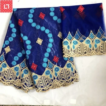 

Blue African Bazin riche getzner fabric tissu cotton embroidered Bazin riche with tulle lace set African wax lace fabric