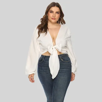

S-4XL Plus Size Long Sleeve Chiffon Deep V Neck Top Tees Sexy Hot Ladies Solid Red Black Lace Up Big Size Tops For Summer Club