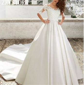 

Fashion Luxury White Ball Gown Wedding Dress 2019 Appliques Half Sleeves Beading Scoop Satin Plus Size Wedding Dresses
