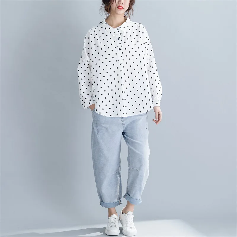 

Johnature Autumn 2019 New Loose Womens Tops And Blouses Leisure Turn-down Collar Polka Dot Shirt Back Lace-up Women Clothes