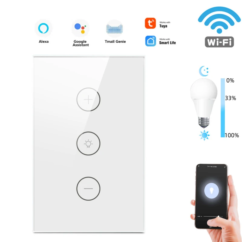 

Tuya Smart Switch WiFi Wall Touch Infinite Dimming Switch Glass Panel Wireless US Standard Work With Google Home and Alexa