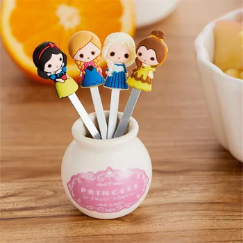 

6Pcs/Set Cute Cartoon Princess Fork Stainless Steel Long Stirring Fruit Fork Dessert Coffee Ceramic Handle Party Home Supplies