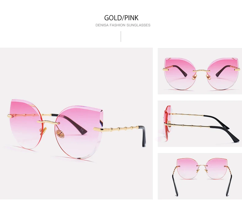 DENISA, крутые женские солнцезащитные очки, кошачий глаз, модные очки для вождения, для девушек, розовые, без оправы, солнцезащитные очки для девушек, UV400 zonnebril dames G23018
