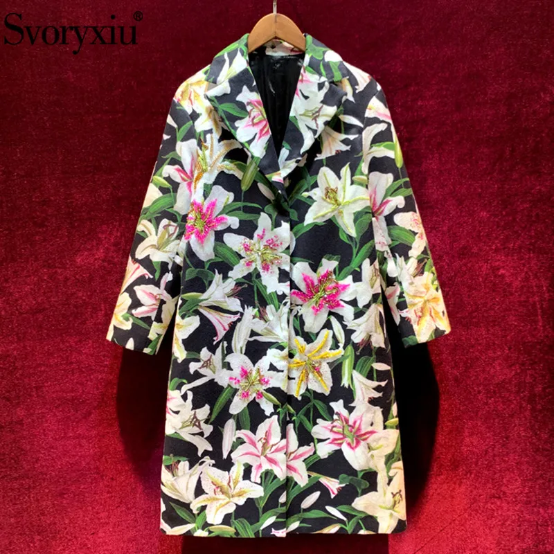 

Svoryxiu Runway Winter Vintage lily Flower Printed Wool Blend Overcoat Outwear Women's Long Sleeve Beading Loose luxury Coat