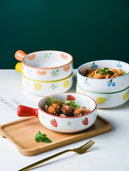

600ml Ceramic Salad Bowl Nordic Fuit Pattern Single Peson Breakfast Plate Noodle Bowl Baking Bowl with Handle Soup Plate