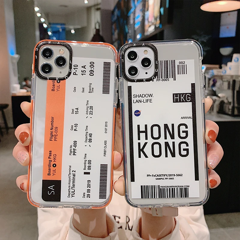 

Cute Air ticket city Montreal Trudeau Hong Kong phone case for iPhone 6 6s 7 8 Plus 11 Pro X XS Max XR Clear QR code TPU Cover