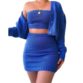 

Vicabo 3pcs Autumn Winter Sweater Set Women Casual Button Long Sleeves Cardigan+Knitted Bra +Fashion Party Mini Short Skirt Sets