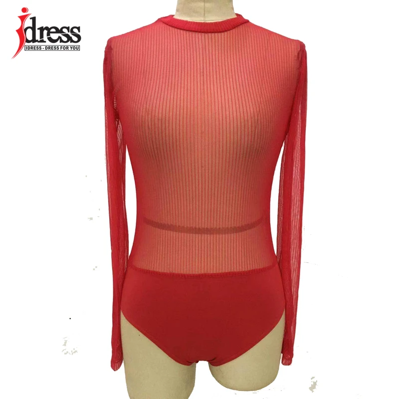 IDress женский сексуальный боди Красный Белый Черный боди с длинным рукавом Прозрачный сетчатый кружевной комбинезон для женщин Комбинезоны, обтягивающие боди