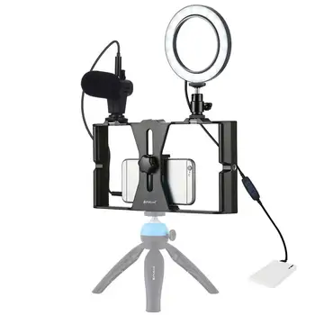 

3 In 1 Vlogging Live Broadcast Smartphone Video Rig + Microphone + Ring Led Selfie Light Kits With Cold Shoe Tripod Head