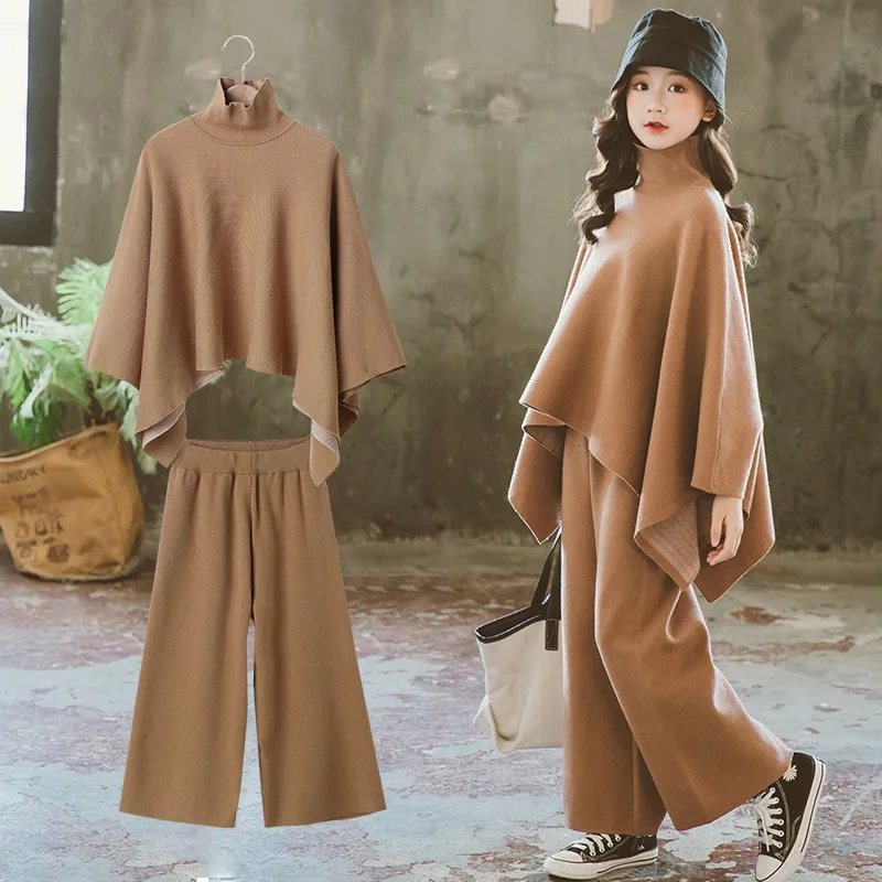 

Teens Girls Clothes Set 2021 New Children Costume Turtleneck Shawl Tops Wide Leg Pants 2 Pcs Knitted Suit for Kids Tracksuit 8 T