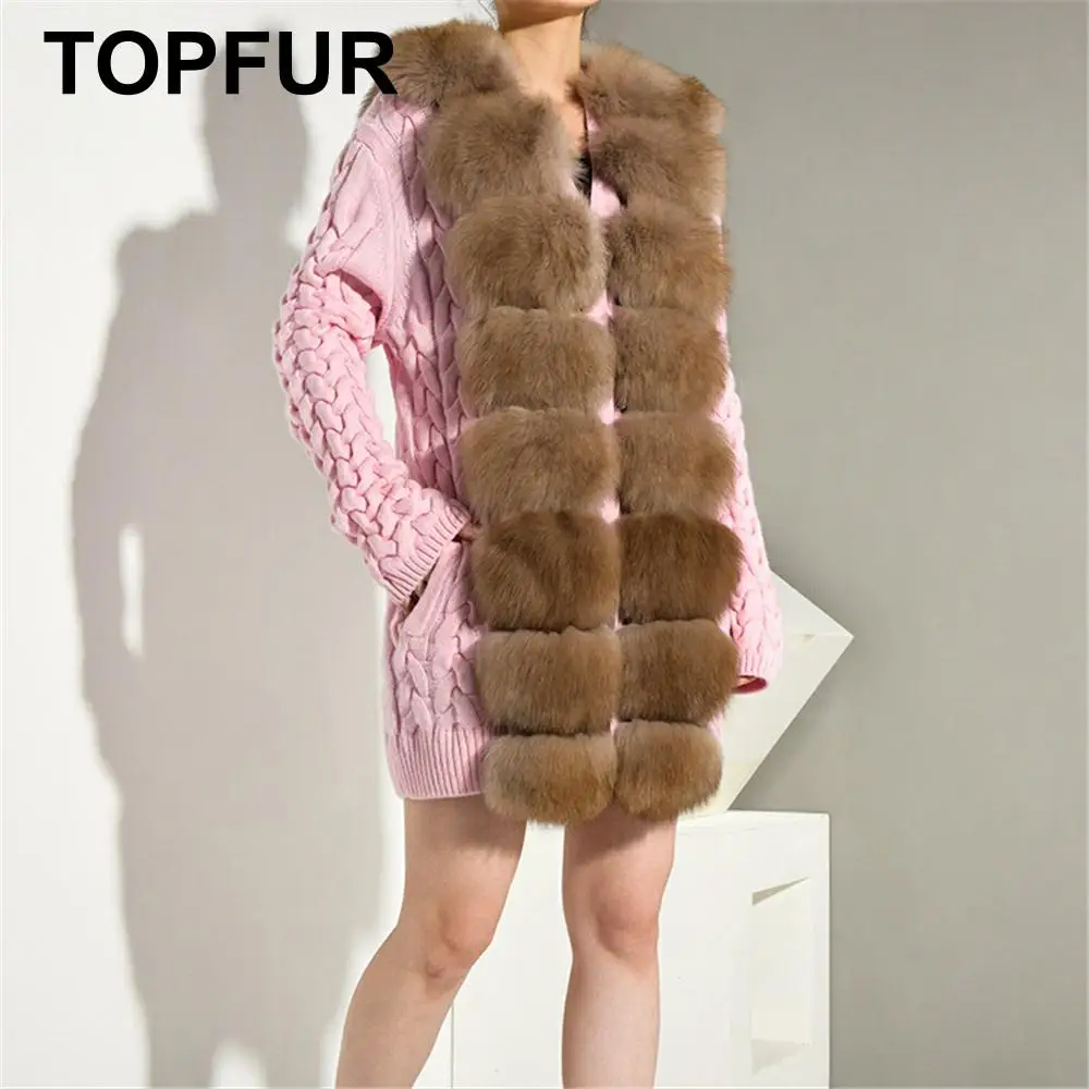 TOPFUR, модное вязаное пальто для женщин, розовое вязаное пальто с воротником из лисьего меха, Женское пальто из натурального Лисьего меха с длинными рукавами
