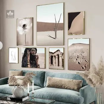

Scandinavian Boho Line Woman Poster Nordic Natural Landscape Canvas Wall Art Print Desert Flower Painting Picture Home Decor