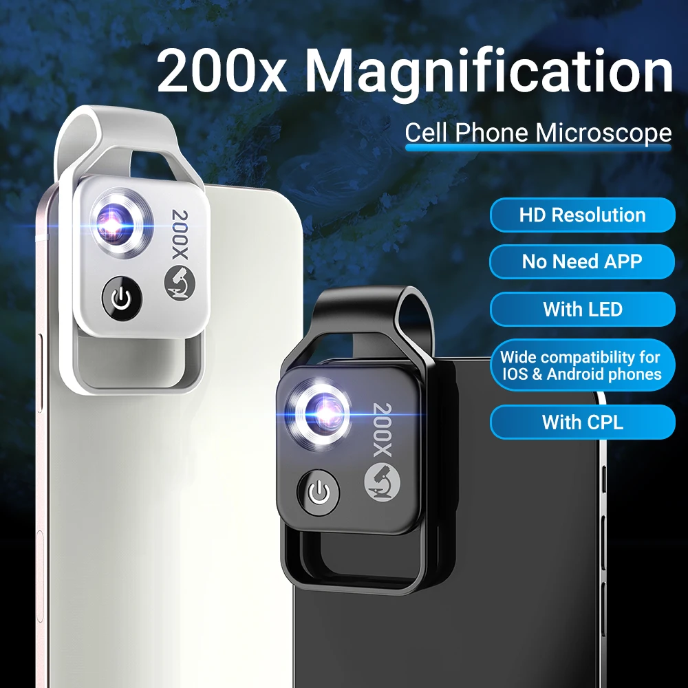 200X Phone Mini Pocket Microscope with LED Light, CPL Lens Cell