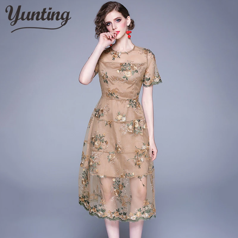 

Women Autumn Mesh Patchwork Lace Dress Runway Vintage Work Casual Slim Sexy Party Dresses