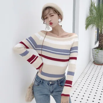 

Horizontal Neck Sweater Korean-style Slim Fit Bell Sleeve Striped Long-Sleeve Pullover Top