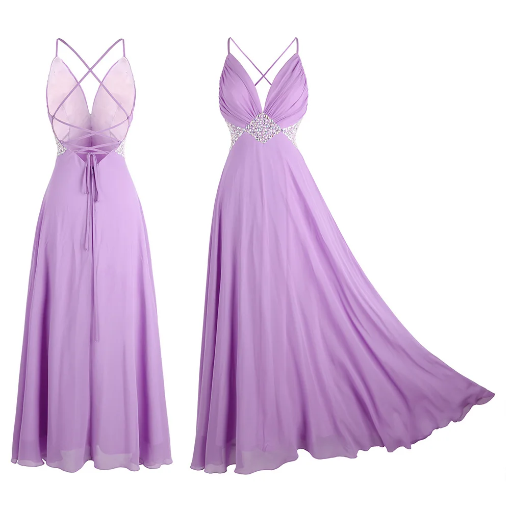 Purple Angel-fashions Женский Спагетти Ремень V-образный вырез развальцовка плиссированный без спинки Долго A-Line Шифон Платье выпускного вечера Пурпурный J-190703-S - Цвет: Purple