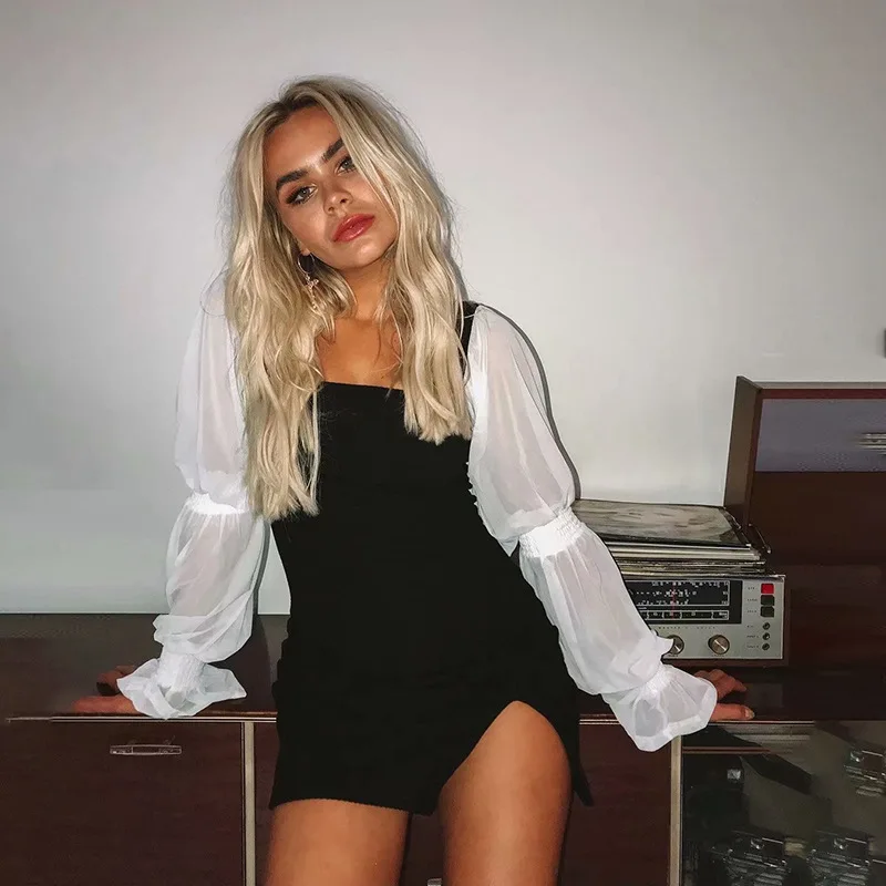 

Europe And America 2019 Autumn And Winter Dress WOMEN'S Dress New Style Joint Contrast Color Long Sleeve Sexy Sheath Slit Hemlin