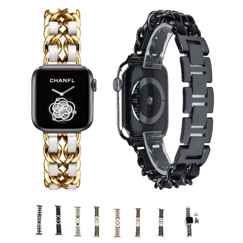 

Leather Band for Apple Watch band Ladies Stainless Steel 38mm 40mm 42mm 44mm iwatch Apple watch Bracelet series SE 6 5 4 3 2 1